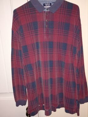 Men's Long Sleeve Plaid Polo Shirt - Red & Navy